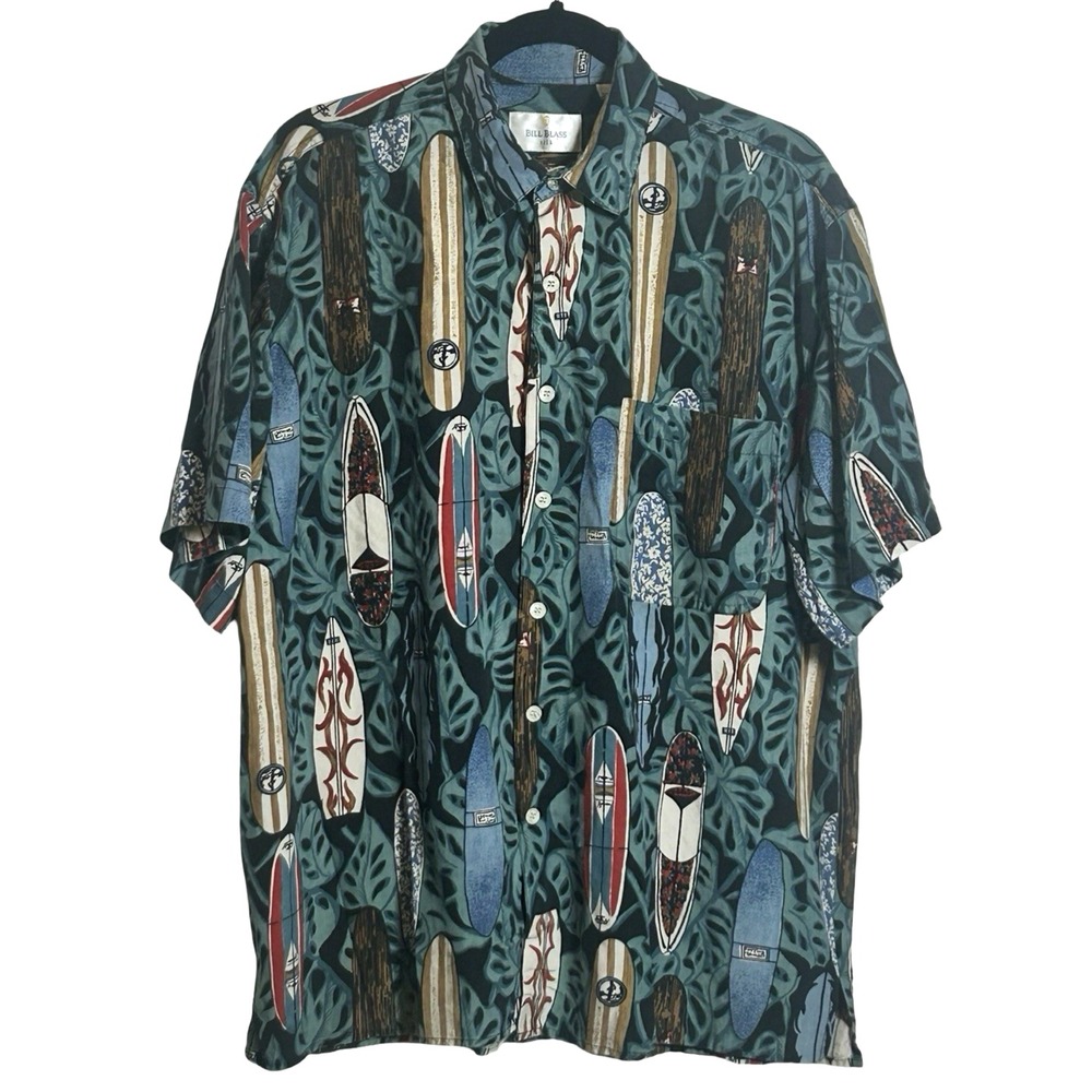 Bill Blass Silk Surfboard Print‎ Short Sleeve Camp Shirt Size Large Resortwear